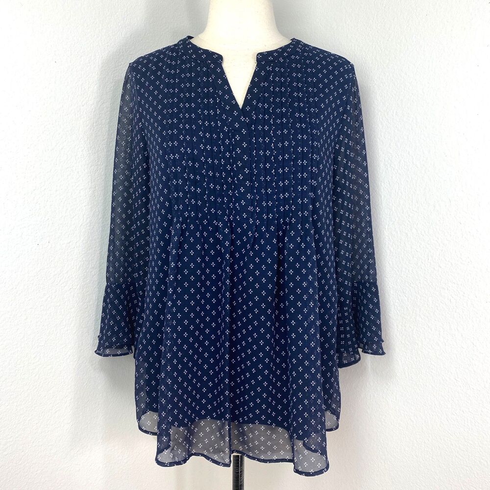 Charter Club Pullover Tunic Blouse M Chiffon Pleats 3/4 Flounce Sleeves Relaxed